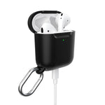 Three-quarter view of front of the case, with lid open and charge cable attached
