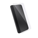 Three-quarter angled view device with screen protector hovering above screen.