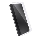 Three-quarter angled view device with screen protector hovering above screen.