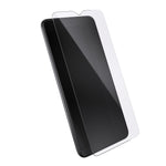 Three-quarter angled view device with screen protector hovering above screen.