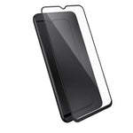 Three-quarter angled view device with screen protector hovering above screen.