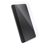 Three-quarter angled view device with screen protector hovering above screen.