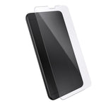 Three-quarter angled view device with screen protector hovering above screen.