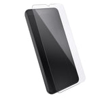 Three-quarter angled view device with screen protector hovering above screen.
