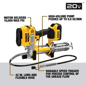DEWALT 20V MAX Grease Gun Kit, Cordless, 42 Long Hose, 10,000 PSI, Variable Speed Triggers, Battery and Charger Included (DCGG571M1)