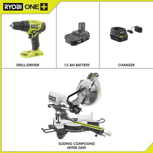 15 Amp 10 in. Sliding Compound Miter Saw and 18-Volt Cordless ONE+ 1/2 in. Drill/Driver Kit w/(1)1.5 Ah Battery, Charger