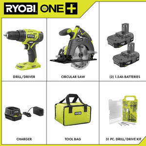 18-Volt ONE+ Cordless 2-Tool Combo Kit w/ Drill/Driver, Circular Saw w/ BONUS Black Oxide Drill & Drive Kit (31-Piece)