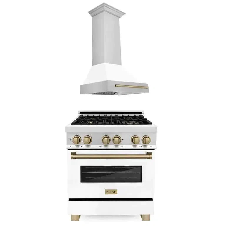 ZLINE Autograph Edition 30 in. Kitchen Package with Stainless Steel Dual Fuel Range with White Matte Door and Range Hood with Champagne Bronze Accents (2AKP-RAWMRH30-CB)