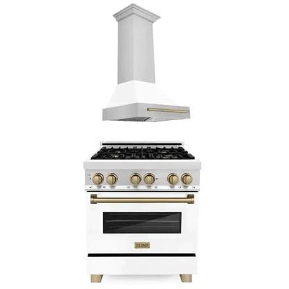 ZLINE Autograph Edition 30 in. Kitchen Package with Stainless Steel Dual Fuel Range with White Matte Door and Range Hood with Champagne Bronze Accents (2AKP-RAWMRH30-CB)
