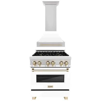 ZLINE Autograph Edition 30 in. Kitchen Package with Stainless Steel Dual Fuel Range with White Matte Door and Range Hood with Polished Gold Accents (2AKP-RAWMRH30-G)
