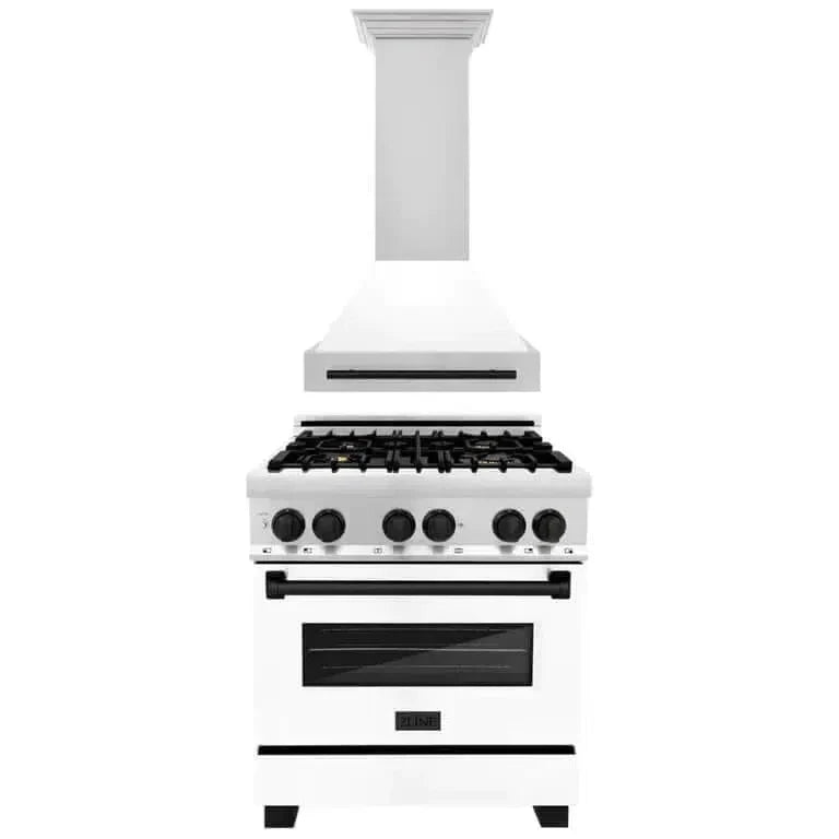 ZLINE Autograph Edition 30 in. Kitchen Package with Stainless Steel Dual Fuel Range with White Matte Door and Range Hood with Matte Black Accents (2AKP-RAWMRH30-MB)