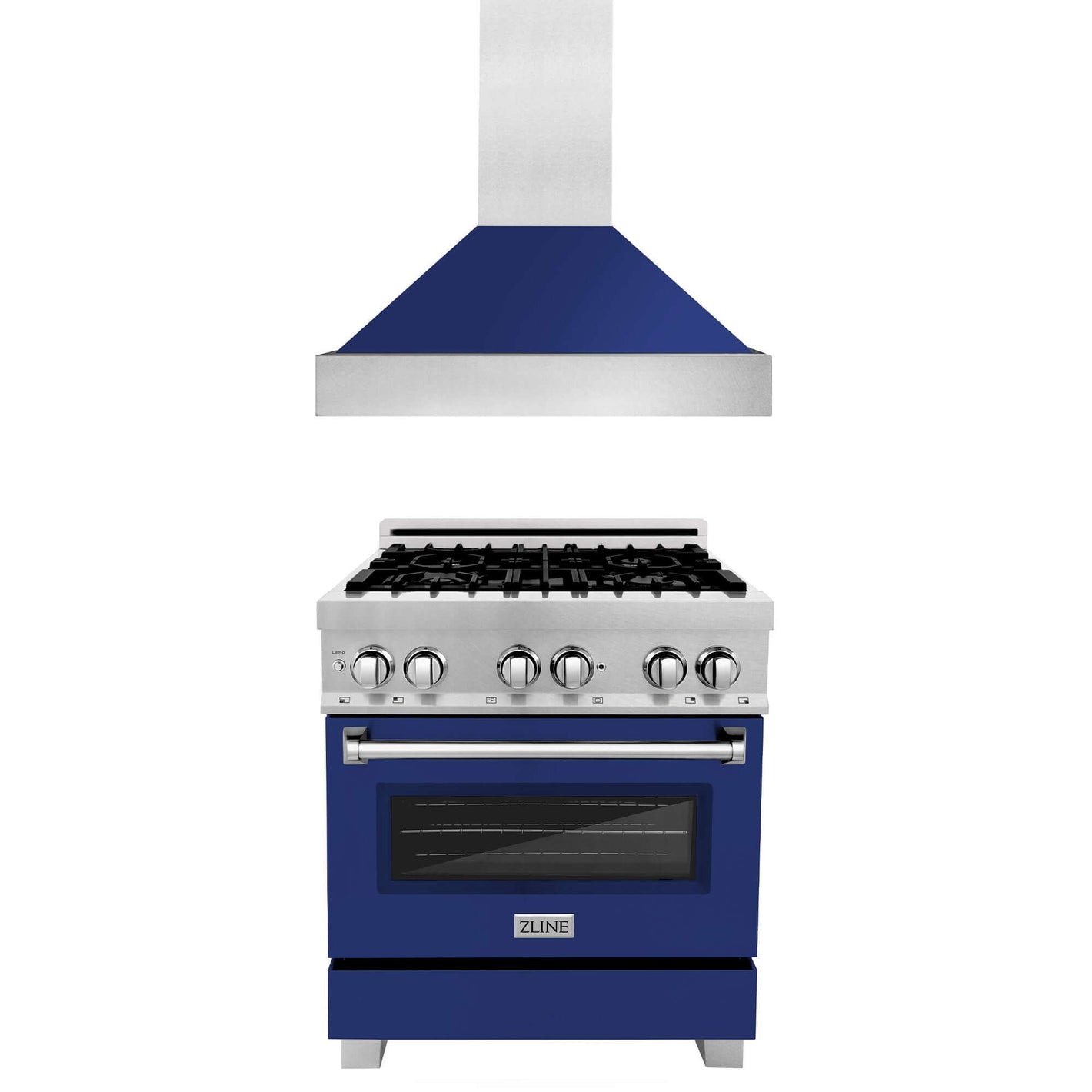 ZLINE 30 in. Kitchen Package with DuraSnow® Stainless Steel Dual Fuel Range with Blue Gloss Door and Convertible Vent Range Hood (2KP-RASBGRH30)