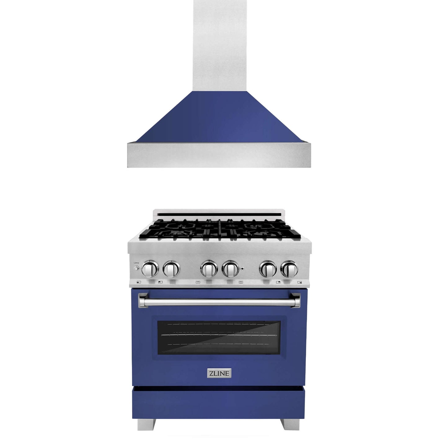 ZLINE 30 in. Kitchen Package with DuraSnow® Stainless Steel Dual Fuel Range with Blue Matte Door and Convertible Vent Range Hood (2KP-RASBMRH30)