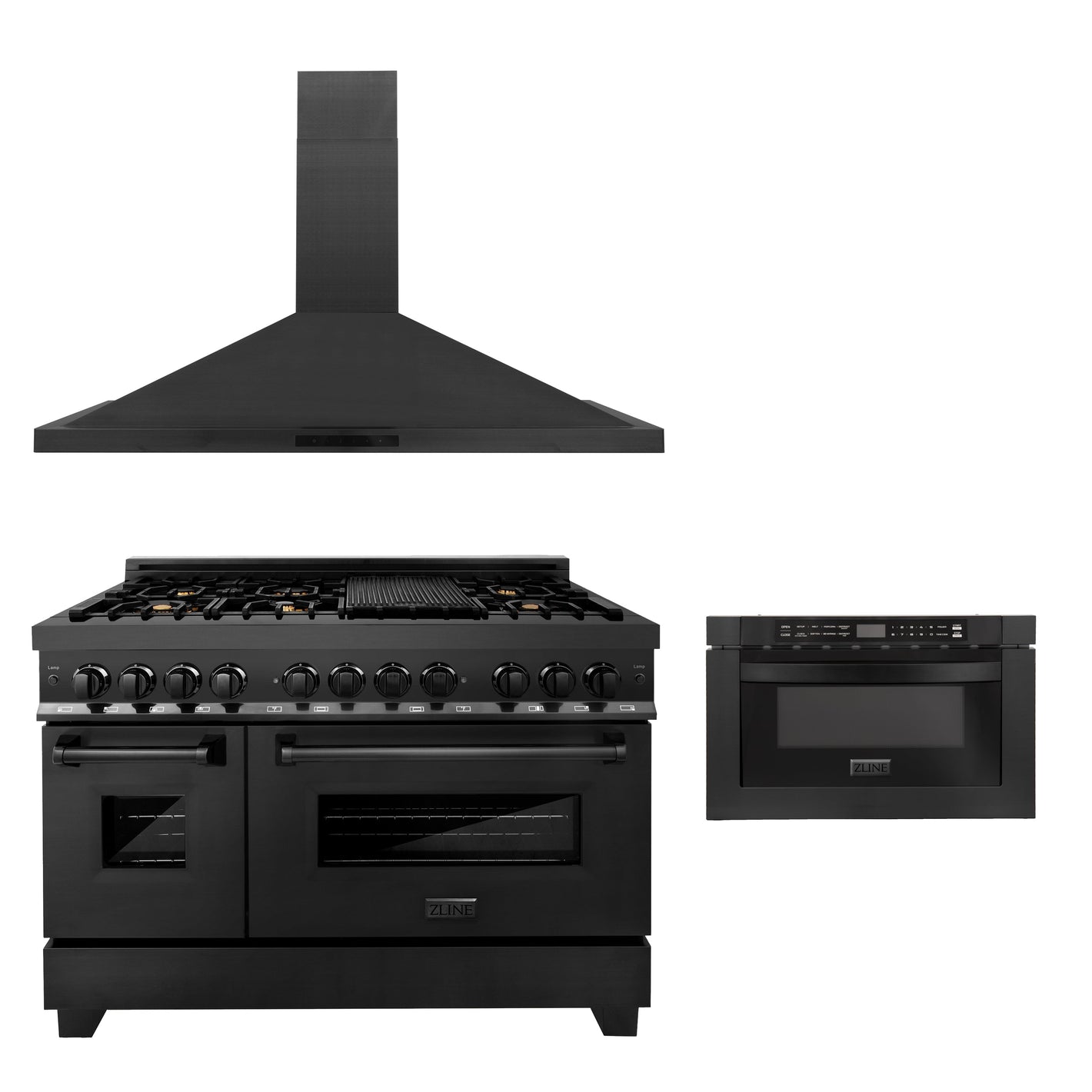 ZLINE 48 in. Kitchen Package with Black Stainless Steel Dual Fuel Range, Convertible Vent Range Hood and Microwave Drawer (3KP-RABRH48-MW)