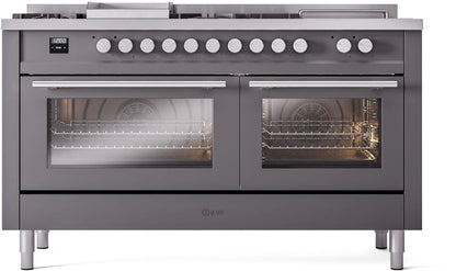 ILVE Professional Plus II 60-Inch Dual Fuel Range with 7 Burners, Griddle, & French Top with Triple Glass Door Oven in Matte Graphite (UP60FSWMPMG)