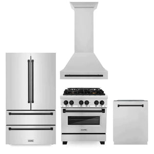 ZLINE Autograph Edition 30 in. Kitchen Package with Stainless Steel Dual Fuel Range, Range Hood, Dishwasher and Refrigerator with Matte Black Accents (4KAPR-RARHDWM30-MB)