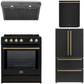 Forno Espresso Package - 30" Induction Range, Range Hood, 36" Refrigerator with Ice Maker and Dishwasher in Black with Antique Brass Handles