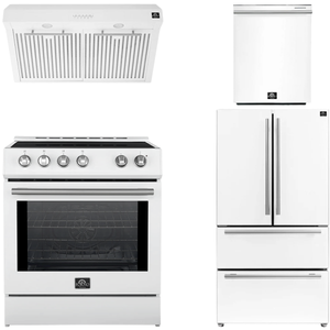 Forno Espresso Package - 30" Induction Range, Range Hood, 36" Refrigerator with Ice Maker and Dishwasher in White with Silver Handles