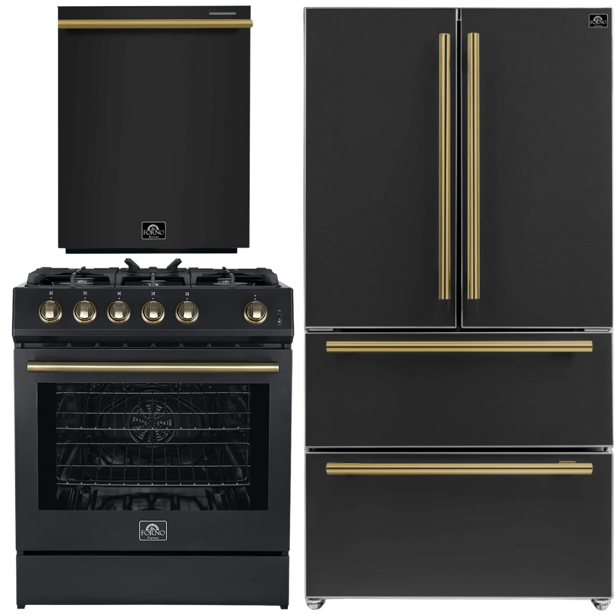 Forno Espresso Package - 30" Gas Range, 36" Refrigerator with Ice Maker and Dishwasher in Black with Antique Brass Accents
