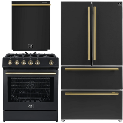 Forno Espresso Package - 30" Gas Range, 36" Refrigerator with Ice Maker and Dishwasher in Black with Antique Brass Accents