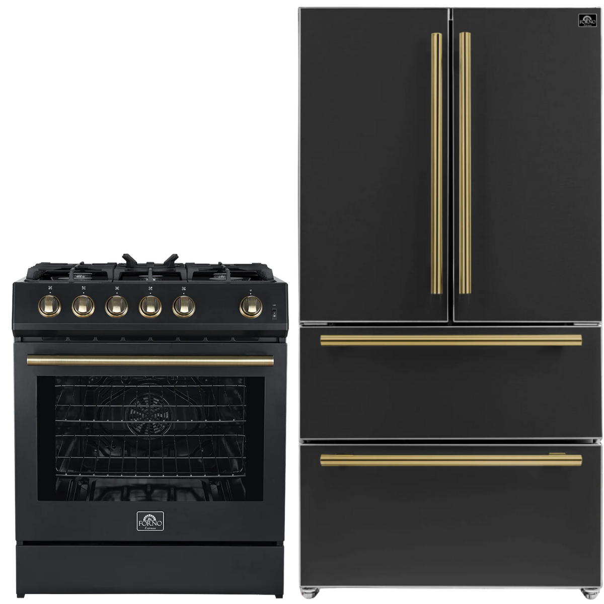 Forno Espresso Package - 30" Gas Range and 36" Refrigerator with Ice Maker in Black with Antique Brass Accents