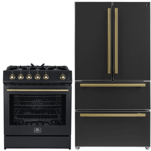 Forno Espresso Package - 30" Gas Range and 36" Refrigerator with Ice Maker in Black with Antique Brass Accents