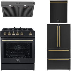 Forno Espresso Package - 30" Gas Range, Range Hood, 36" Refrigerator with Ice Maker and Dishwasher in Black with Antique Brass Accents