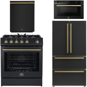 Forno Espresso Package - 30" Gas Range, 36" Refrigerator with Ice Maker, Dishwasher and 24" Microwave Drawer in Black with Antique Brass Accents