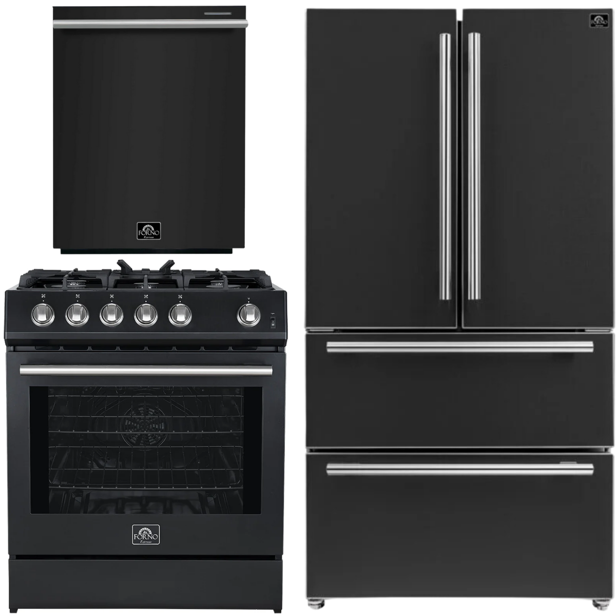 Forno Espresso Package - 30" Gas Range, 36" Refrigerator with Ice Maker and Dishwasher in Black with Silver Accents