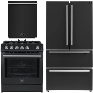 Forno Espresso Package - 30" Gas Range, 36" Refrigerator with Ice Maker and Dishwasher in Black with Silver Accents