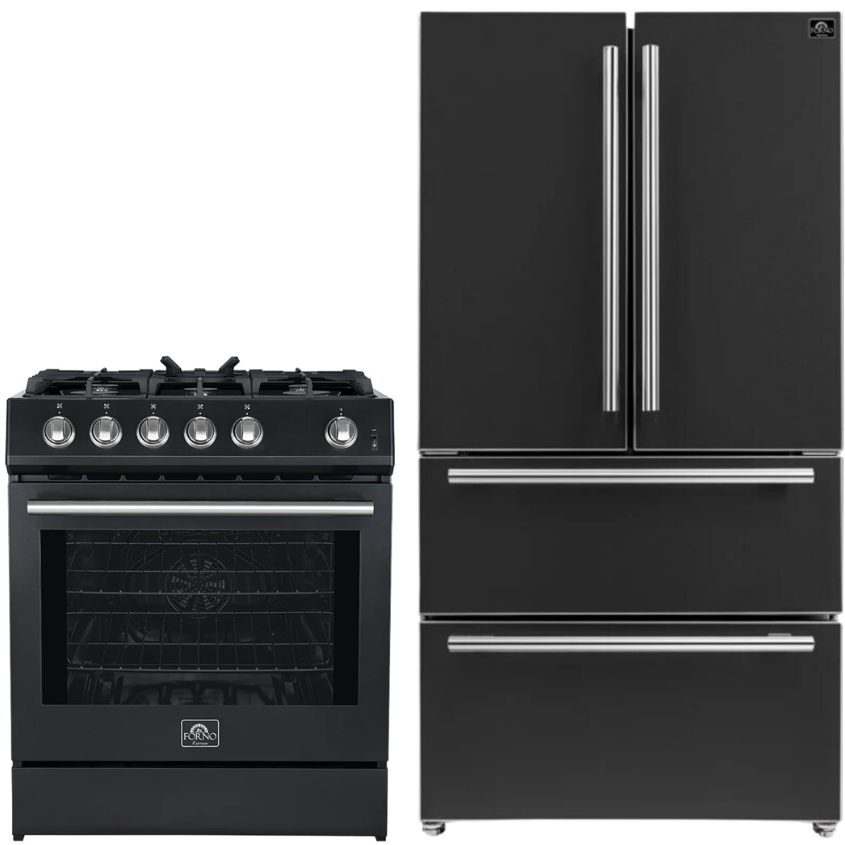Forno Espresso Package - 30" Gas Range and 36" Refrigerator with Ice Maker in Black with Silver Accents