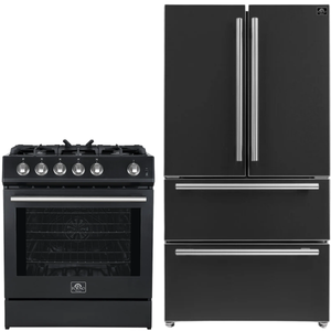 Forno Espresso Package - 30" Gas Range and 36" Refrigerator with Ice Maker in Black with Silver Accents