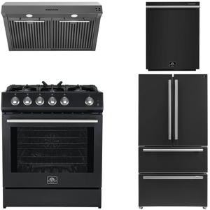 Forno Espresso Package - 30" Gas Range, Range Hood, 36" Refrigerator with Ice Maker and Dishwasher in Black with Silver Accents