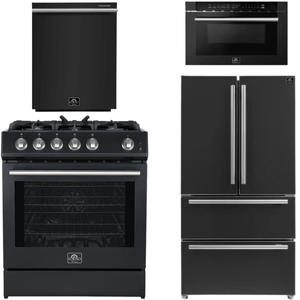 Forno Espresso Package - 30" Gas Range, 36" Refrigerator with Ice Maker, Dishwasher and 24" Microwave Drawer in Black with Silver Accents