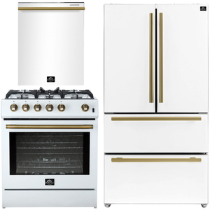 Forno Espresso Package - 30" Gas Range, 36" Refrigerator with Ice Maker and Dishwasher in White with Antique Brass Accents