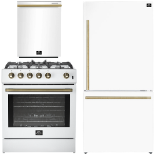 Forno Espresso Package - 30" Gas Range, Refrigerator and Dishwasher in White with Antique Brass Handles