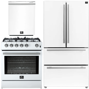 Forno Espresso Package - 30" Gas Range, 36" Refrigerator with Ice Maker and Dishwasher in White with Silver Accents