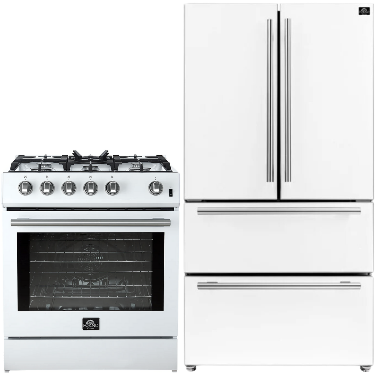 Forno Espresso Package - 30" Gas Range and 36" Refrigerator with Ice Maker in White with Silver Accents