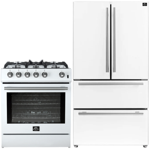 Forno Espresso Package - 30" Gas Range and 36" Refrigerator with Ice Maker in White with Silver Accents