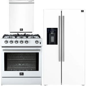 Forno Espresso Package - 30" Gas Range, 36" Refrigerator with Water and Ice Dispenser and Dishwasher in White with Silver Accents