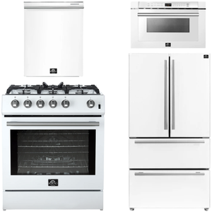 Forno Espresso Package - 30" Gas Range, 36" Refrigerator with Ice Maker, Dishwasher and 24" Microwave Drawer in White with Silver Accents