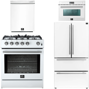 Forno Espresso Package - 30" Gas Range, 36" Refrigerator with Ice Maker, Dishwasher and 24" Microwave Oven in White with Silver Accents