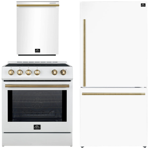 Forno Espresso Package - 30" Induction Range, Refrigerator and Dishwasher in White with Antique Brass Handles
