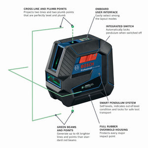 Bosch GCL100-40G Green-Beam Self-Leveling Cross-Line Laser with Plumb Points