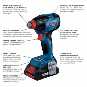 Bosch GDX18V-1860CB15 18V Brushless Advanced Connected-Ready Socket-Ready Impact w/ (1) 4.0 Ah CORE Compact Battery