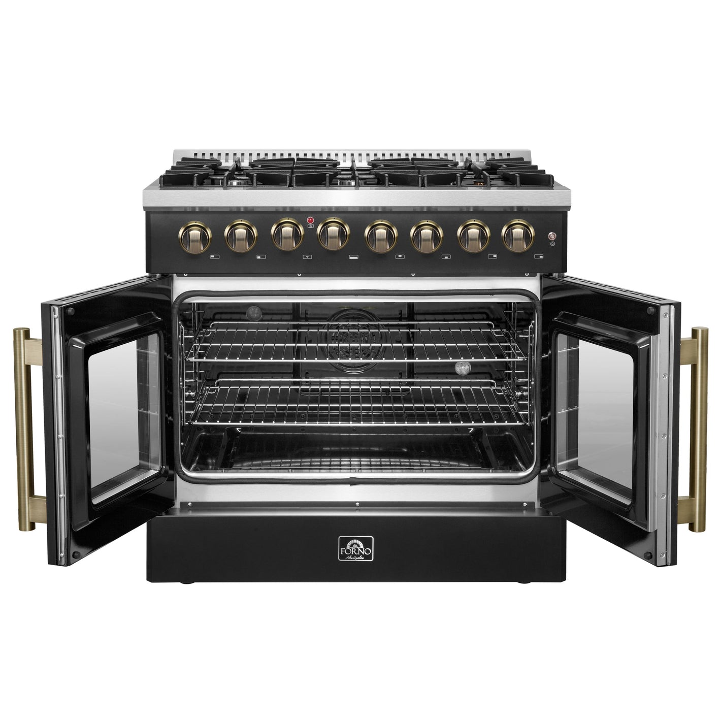 FORNO Galiano 36" 5.36 cu. ft. French Door Dual Fuel Range with 6 Sealed Burners in Black with Antique Brass Accents, FFSGS6356-36BLK