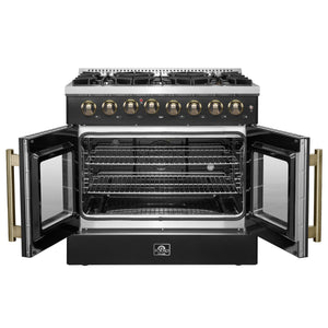 FORNO Galiano 36" 5.36 cu. ft. French Door Dual Fuel Range with 6 Sealed Burners in Black with Antique Brass Accents, FFSGS6356-36BLK