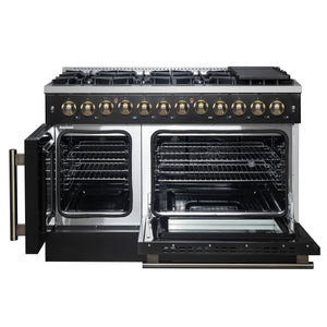 FORNO Galiano 48" 6.58 cu. ft. French Door Dual Fuel Range with 8 Sealed Burners and Griddle in Black with Antique Brass Accents, FFSGS6356-48BLK