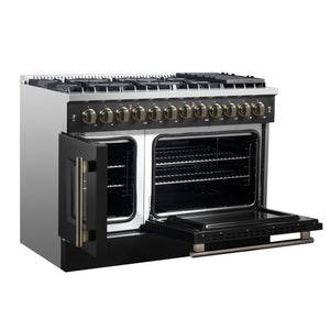 FORNO Galiano 48" 6.58 cu. ft. French Door Dual Fuel Range with 8 Sealed Burners and Griddle in Black with Antique Brass Accents, FFSGS6356-48BLK