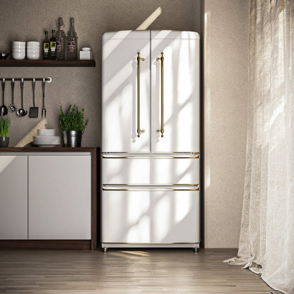 FORNO Espresso Luigi 33" 18 cu. ft. French Door Refrigerator in White with Antique Brass Handles, FFFFD1791-33WHT